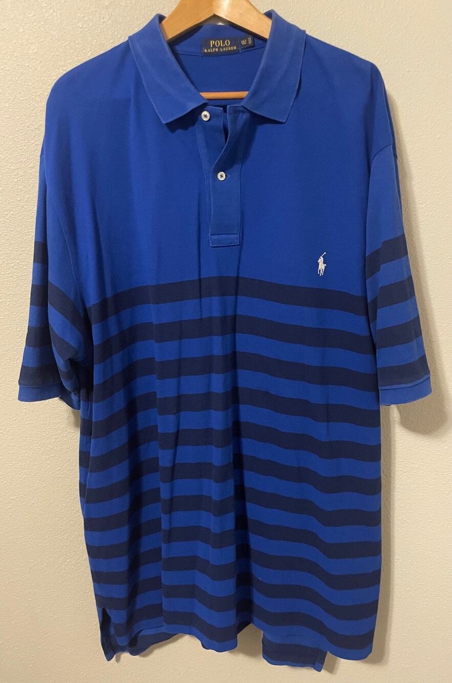 Polo Ralph Lauren Polo Shirt Mens 2XLT Blue Stripe White Pony Cotton Big Tall